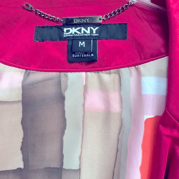 DKNY Hot 💕 Pink Magenta Barbiecore Trench Coat Jacket Watercolor Print Lined 💕 - Picture 3 of 16